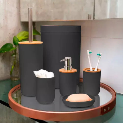 Kit de Acessórios para Banheiro 6 Peças – Preto Fosco com Tampa em Bambu | Inova Lar