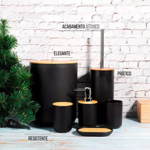 Kit de Acessórios para Banheiro 6 Peças – Preto Fosco com Tampa em Bambu | Inova Lar