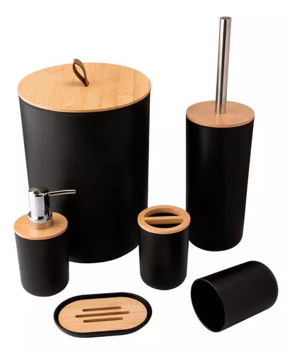 Kit de Acessórios para Banheiro 6 Peças – Preto Fosco com Tampa em Bambu | Inova Lar