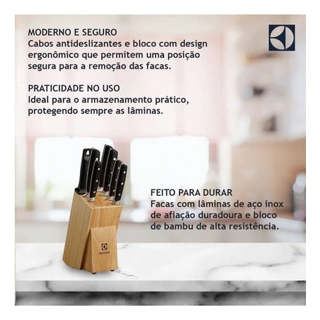 Conjunto de Facas Electrolux com Suporte de Madeira – Precisão, Elegância e Durabilidade na Sua Cozinha!